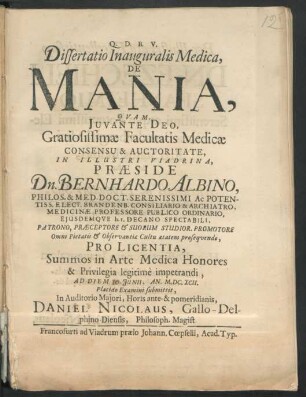 Dissertatio Inauguralis Medica, De Mania
