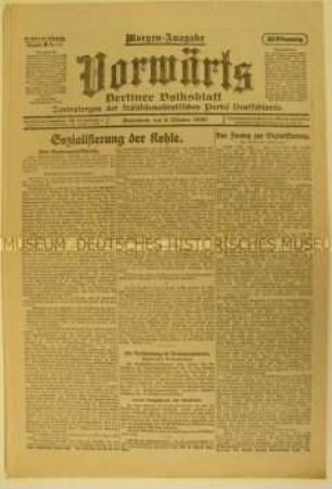 Fragment des Zentralorgans der SPD "Vorwärts" zur Frage der Sozialisierung des Kohlebergbaus