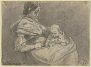 Junge Frau, auf dem Schoß ein kleines Kind haltend