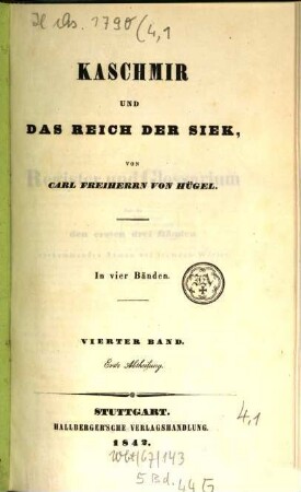 Kaschmir und das Reich der Siek : in vier Bänden ; mit Holzschnitt und Abbildungen, 4,1