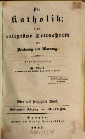 Der Katholik : Zeitschrift für katholische Wissenschaft und kirchliches Leben. 64 = Jg. 17. 1837