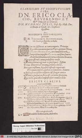 Clarissimo Et Consultissimo Viro, Dn. Erico Clacio ... De Honoribus Doctoralibus gratulatur M. Theodorus Berckelman ...