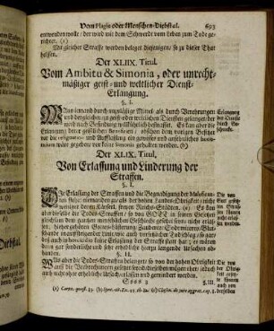 Der XLIIX. Titul. Vom Ambitu & Simonia, oder unrechtmäßiger geist- und weltlicher Dienst-Erlangung. / Der XLIX. Titul. Von Erlassung und Linderung der Straffen.