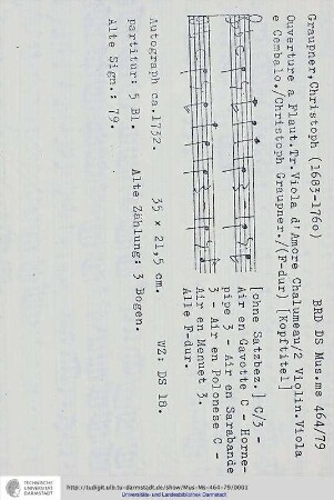 Ouverture a Flaut. Tr. Viola d'Amore Chalumeau / 2 Violin. Viola e Cembalo. / Christoph Graupner.