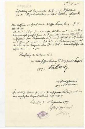 Ernennung zum Bürgermeister in Schlettstadt im Elsass i.A. von Kaiser Wilhelm II. durch Staatssekretär von Tschammer vom 17.04.1917, begl. Abschrift vom 06.06.1919