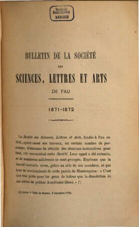 Bulletin de la Société des Sciences, Lettres et Arts de Pau. 1. 1871/72