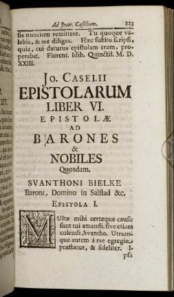 Epistolarum Liber VI. Ad Barones & Nobiles Quosdam. Svanthoni Bielke [...]
