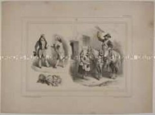 Blatt mit drei Einzelszenen - zwei elegant gekleidete Männer, Studie mit vier Männerköpfen und ein alter Soldat zu Pferde mit erhobenem Glas vor einer Schenke