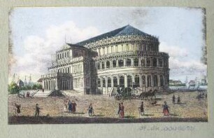 Ansicht des 1. Opernhauses von Gottfried Semper in Dresden, Lithografie, um 1840 : [Opernhaus in Dresden]. [S.l.], [um 1840]. - 1 Kunstbl. : Lithogr. ; 7,5 x 4,5 cm.