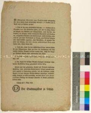 Bekanntmachung des Magistrates der Stadt Leipzig über das Reskript von Friedrich August I. König von Sachsen betreffend die Stempelpflicht für Wechsel und Affignationen