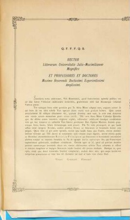 Inclytae litterarum Universitati Julio-Maximilianeae quae floret Virceburgi almae studiorum matri abhinc CCC annos conditae aetate et amplitudine nominis aeque venerabili artium et litterarum propugnaculo firmissimo sollemnia saecularia tertia Calendis Augusti MDCCCLXXXII celebranti ... quartumque saeculum instauraturae ... pia vota suscipit omniaque prospera comprecatur auguratur gratulatur Philippus Ludovicus Adam ...