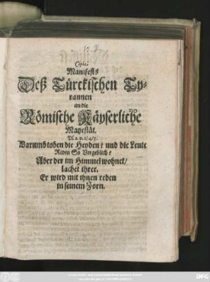 Copia Manifests Deß Türckischen Tyrannen an die Römische Käyserliche Mayestät