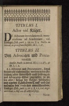 Titulus I. Actor vid. Kläger. [bis Titulus XIII. Avocatio.]