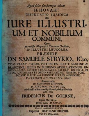 Disputatio Iuridica De Iure Illustrium Et Nobilium Communi