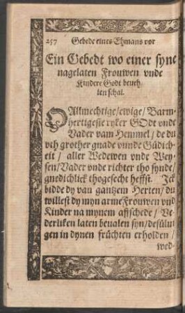 Ein Gebedt wo einer syne nagelaten Frouwen unde Kindere Godt bevehlen schal.