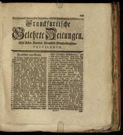 Num. LXXXI. Dienstags, den 11. Octob. 1757 - Num. XC. Freytags, den 11. Nov. 1757