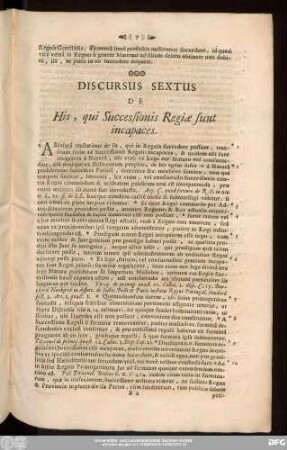 Discursus Sextus De His, qui Successionis Regiae sunt incapaces.
