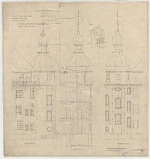 Thiersch, Friedrich von; Bad Berleburg (Nordrhein-Westfalen); Schloss, Umbau - Kleiner Turm (Ansichten, Schnitt)