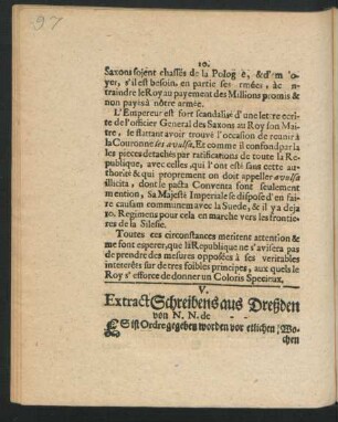V. Extract Schreibens aus Dresden von N.N.