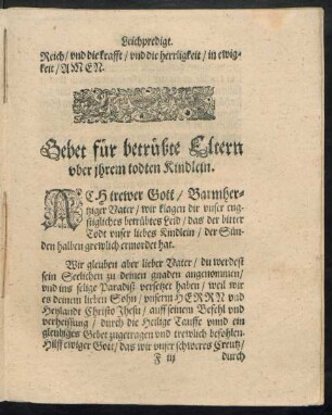Gebet für betrübte Eltern uber ihrem todten Kindlein.