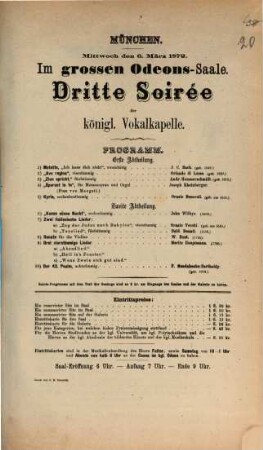 [Konzert-Programme des Königlichen Odeon in München und ähnlicher Münchener Veranstaltungen]. 20. 1872