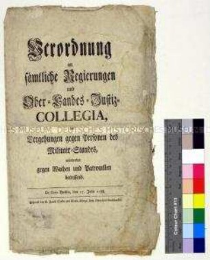 Verordnung von Friedrich Wilhelm II. König von Preußen betreffend Vergehen gegen Militärpersonen, insbesondere Wachen und Patrouillen