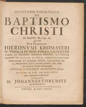 Disputatio Theologica De Baptismo Christi Ad Matth. III, v. 13.--17.
