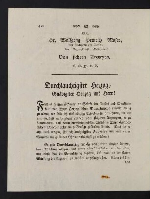 416-422, XIX. Hr. Wolfgang Heinrich Moser, Von sichern Arzneyen