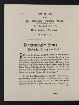 416-422, XIX. Hr. Wolfgang Heinrich Moser, Von sichern Arzneyen