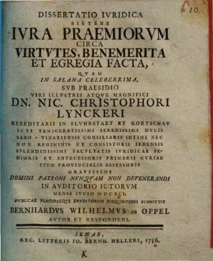 Diss. iur. sistens iura praemiorum circa virtutes, benemerita et egregia facta