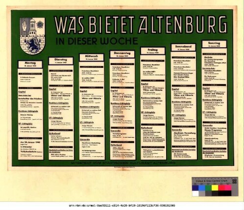 Originaltitel: Was bietet Altenburg in dieser Woche 10. Januar bis 16. Januar 1949 Mitgeteilt vom Städtischen Kulturamt Altenburg