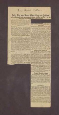 Artikel aus Berliner Tageblatt "Prinz Max von Baden über Krieg und Frieden"