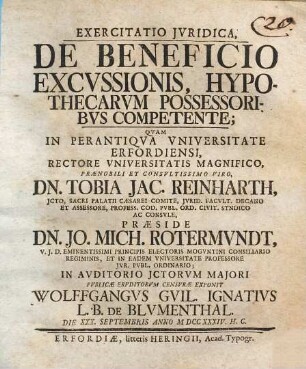 Exercitatio iuridica de beneficio excussionis, hypothecarum possessoribus competente