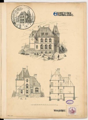 Landhaus Monatskonkurrenz März 1896: Aufriss Vorderansicht, Seitenansicht, Querschnitt, perspektivische Ansicht; Maßstabsleiste