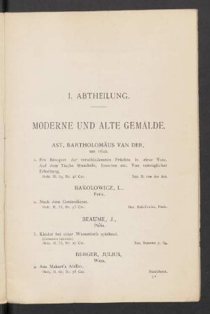 I. Abtheilung. Moderne und alte Gemälde