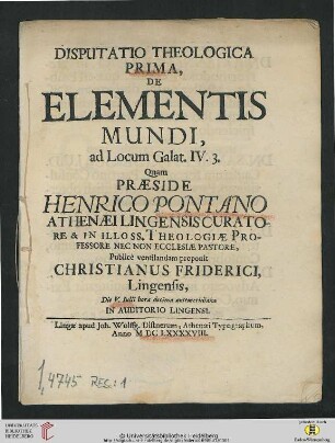 1: Disputatio Theologica ... De Elementis Mundi, ad Locum Galat. IV. 3.