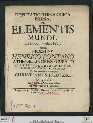 1: Disputatio Theologica ... De Elementis Mundi, ad Locum Galat. IV. 3.