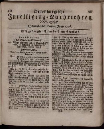XV. Stück: Sonnabends: den 22. Junii 1776.