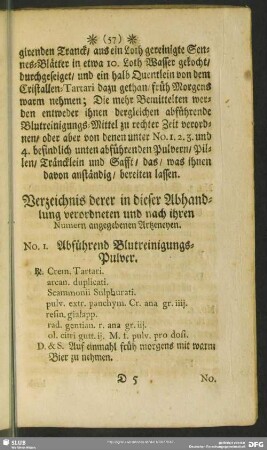 Verzeichnis derer in dieser Abhandlung verordneten und nach ihren Numern angegebenen Arzeneyen