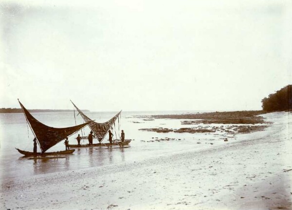 "La plage et les canoës à voile. Vao".