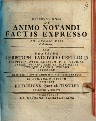 Observationes De Animo Novandi Factis Expresso : Ad Legem VIII C. de Nouat.