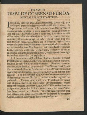 Examen Disp. I. De Consensu Fundamentali Protestantium.