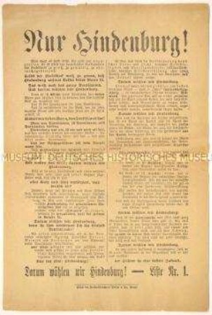 Programmatischer Wahlaufruf zur Unterstützung von Paul von Hindenburg im zweiten Wahlgang der Reichspräsidentenwahl 1925