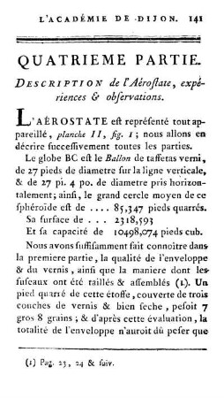 Quatrieme Partie. Description de l'Aérostate, expériences & observations.