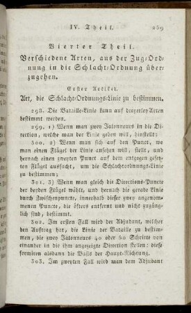 Vierter Theil. Verschiedene Arten, aus der Zug-Ordnung in die Schlacht-Ordnung überzugehen.