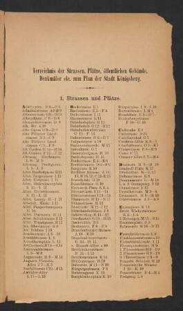 Verzeichnis der Strassen, Plätze, öffentlichen Gebäude, Denkmäler etc. zum Plan der Stadt Königsberg.
