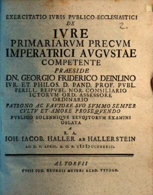 Exercitatio iur. publ.-eccl. de iure primariarum precum, imperatrici augustae competente