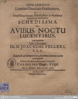 Schediasma De Avibus Noctu Lucentibus
