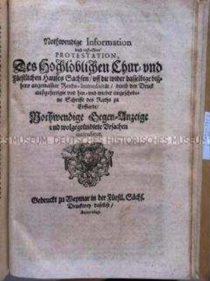Protestnote des Kursächsischen Hauses gegen den Anspruch der Stadt Erfurt auf Reichsunmittelbarkeit