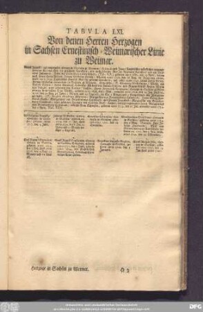 Tabula LXI. Von denen Herren Herzogen in Sachsen Ernestinisch-Weimarischer Linie zu Weimar.